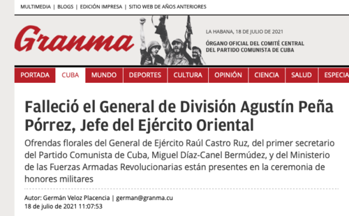 Publicación del fallecimiento de Peña Pórrez en el diario oficial Granma de hoy 18 de julio. (Foto: captura de pantalla)