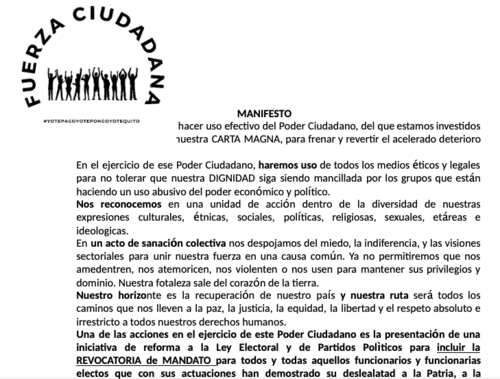Manifiesto de la organización Fuerza Ciudadana. (Documento: Fuerza Ciudadana)