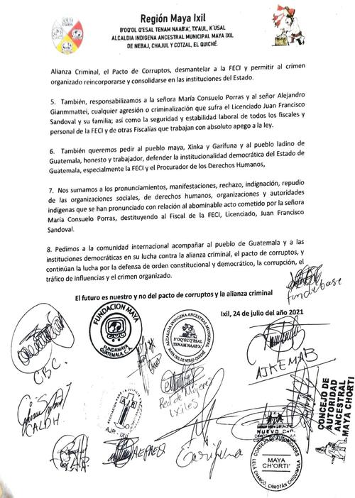 Manifiesto de la Comunidades Ancestrales de Guatemala en rechazo a la destitución De Francisco Sandoval de la FECI. (Documento: Autoridades Ancestrales)