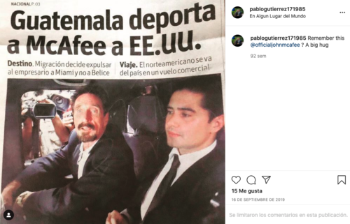 Guatemala deportó a McAfee.  A su lado el abogado Juan Pablo Guitiérrez. 