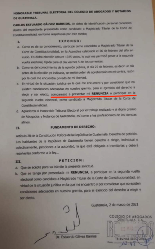 La carta de renuncia que presentó Estuardo Gálvez. (Foto: cortesía) 
