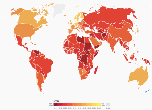 En el mapa se muestra en color amarillo los países que gozan de un índice bajo de percepción de corrupción y en color rojo los que gozan de mala reputación por tener una percepción alta de corrupción. Guatemala está en rojo. (Gráfica: IPC)
