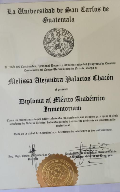 Vista del diploma entregado en memoria de Melissa Palacios. (Foto: Facebook Justicia por Melissa Palacios) 