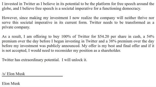 En redes sociales circula un fragmento de la carta que Musk envió a Twitter con la oferta.