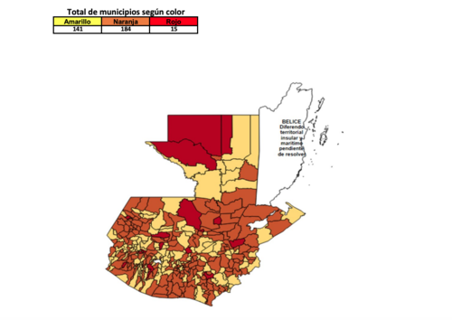 El m&aacute;s reciente informe del sem&aacute;foro Covid-19 muestra 15 municipios en alerta roja. (Gr&aacute;fica: Gobierno de Guatemala)