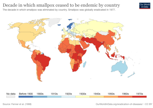 El mapa muestra el color por década en que cada país logró erradicar la viruela. En Guatemala marca en 1950s. (Gráfica: Our World in Data)