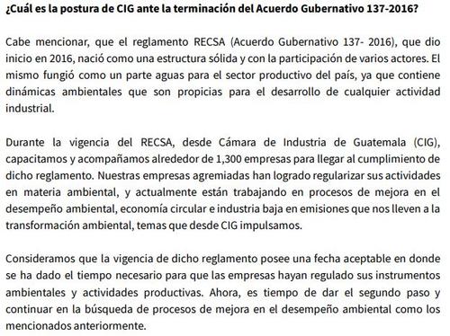 Postura de la Cámara de Industria de Guatemala acerca del acuerdo gubernamental 137-2016