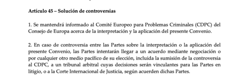 El artículo 45 del Convenio de Budapest, contempla la solución de conflictos por temas de interpretación o aplicación de mismo. (Foto: captura de pantalla)