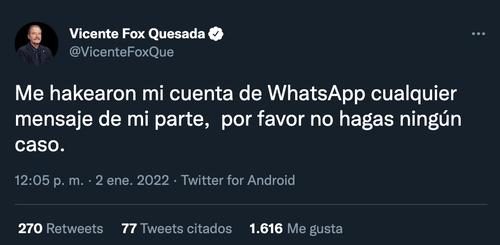 vicente fox, whatsapp, hackean cuenta