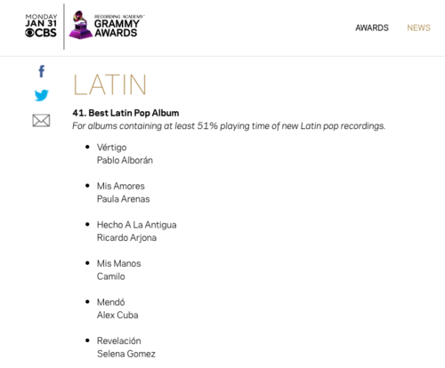 Lista de nominados por mejor álbum pop latino. (Foto: captura de pantalla)