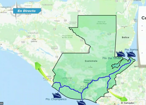 Esta es la ruta que tendrá todo el proyecto férreo de Guatemala. el primer tramo llegará hasta Puerto de San José. (Foto: captura de Pantalla)