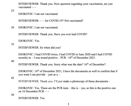 Extracto de la transcripción donde Djokovic confiesa no estar vacunado y haber sido positivo de Covid en dos ocasiones. (Foto: captura de pantalla)