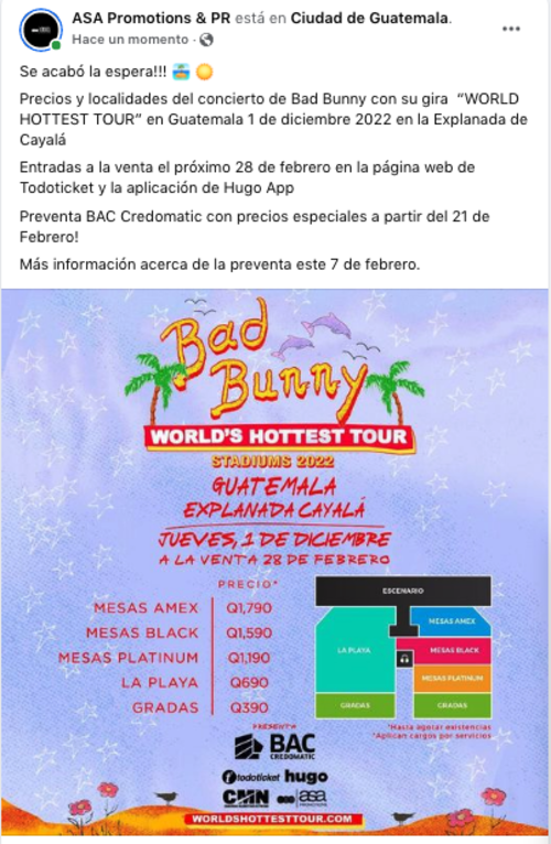 bad bunny, precio boletos, concierto guatemala