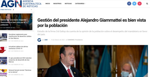 La Agencia Guatemalteca de Noticias informa que la encuesta revela que la gesti&oacute;n de Giammattei es aprobada. (Foto: captura de pantalla)