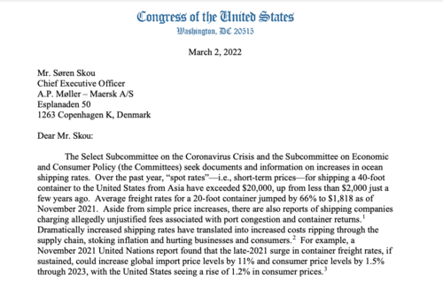 La carta de los congresistas de EE. UU. al directivo de Maersk exponiendo la situación del elevado costo del transporte naviero. (Foto: captura de pantalla)