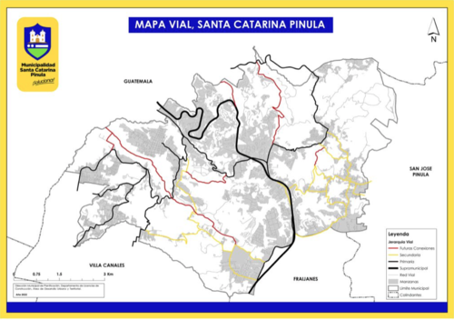 En líneas rojas se marcan las futuras carreteras a construir. (Gráfica: Municipalidad de Santa Catarina Pinula)
