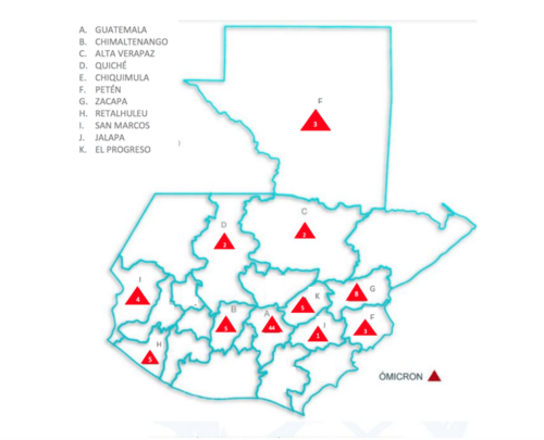 Distribución de casos de ómicron detectados por departamento del 03 al 25 de mayo de 2022. (Gráfica:  Ministerio de Salud)