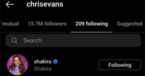 Chris Evans comenzó a seguir a Shakira, justo en medio de su separación con Piqué. (Foto: Captura de pantalla)