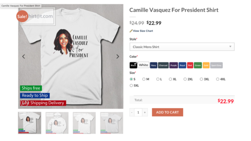 Camile Vasquez para presidenta, dice la playera que se vende en T-shirtat.com. (Foto: captura de pantalla)