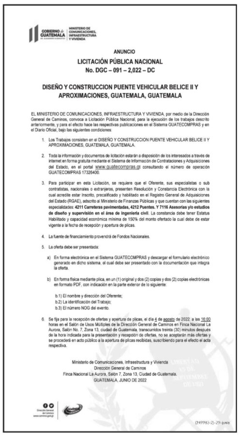 La licitación se llevará a cabo del portal de Guatecompras. 