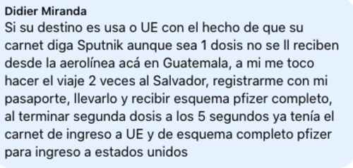 Comentario de un usuario de Facebook, hace referencia a cómo logró viajar con esquema de Sputnik. (Foto: Captura de pantalla, grupo de Facebook: Conseguí tu vacuna contra el Covid-19 Guatemala)