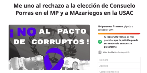 Organizaciones sociales reúnen firmas para rechazar elección de Consuelo Porras y de Walter Mazariegos. (Foto: Captura de pantalla) 