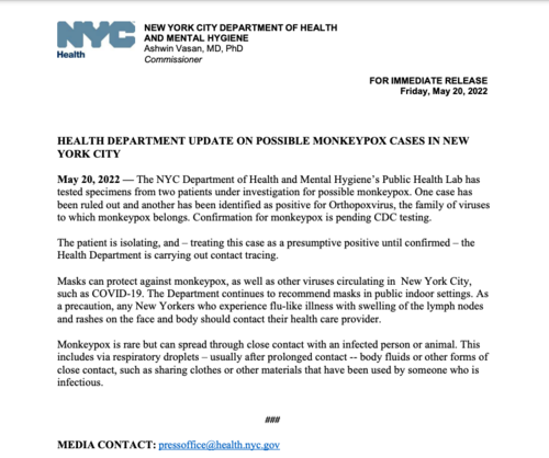 Comunicado del Departamento de salud de la ciudad de Nueva York. (Foto: captura de pantalla)