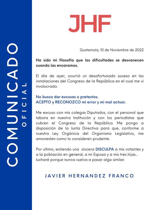 Comunicado del diputado Javier Hernández. 