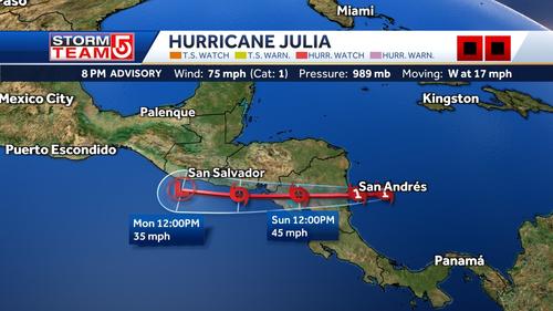 Así sería el trayecto que se espera de Julia en Centroamérica, según la información satelital. (Foto: captura de pantalla)