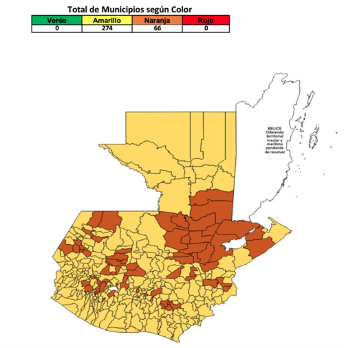 El mapa de alertas muestra una mayor&iacute;a de municipios en amarillo. (Gr&aacute;fica: MSPAS)