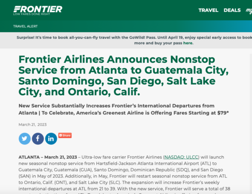 Frontier anunci&oacute; de la nueva ruta en un comunicado. (Foto: captura de pantalla)