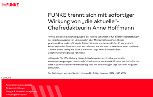 Este es el comunicado que Funke ha publicado en su portal web. (Foto: captura de pantalla)