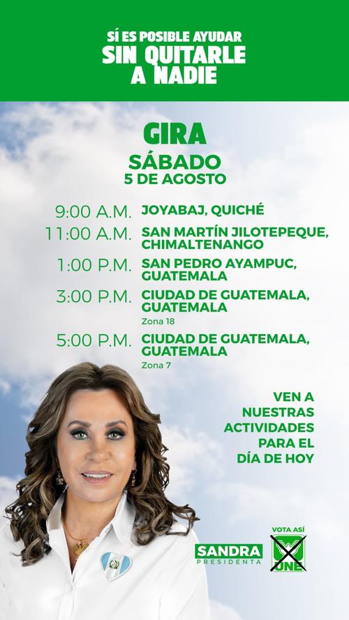La candidata de UNE, Sandra Torres estará en la capital al final de la tarde. (Foto: UNE)