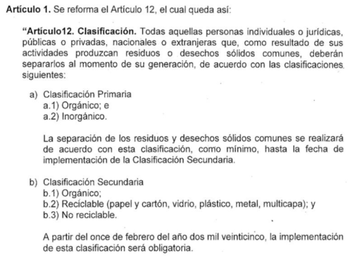 El artículo 12 queda modificado, así mismo la fecha en que entrará en vigencia la clasificación de basura. (Foto: captura de pantalla)