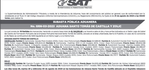 16 veh&iacute;culos ser&aacute;n subastados. (Foto: captura de pantalla)