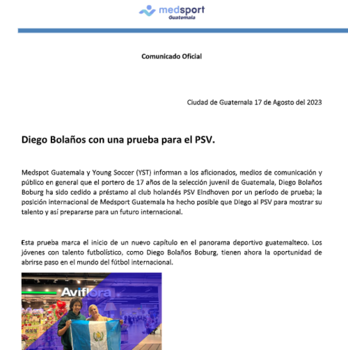 Diego Bola&ntilde;os, portero de la Selecci&oacute;n de Guatemala Sub-17 estar&aacute; a prueba con el PSV de Holanda. 