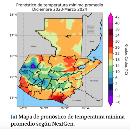 Las temperaturas mínimas, según el mapa NextGen. (Foto: Insivumeh)