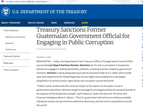El Departamento del Tesoro emitió un comunicado sobre la sanciones a Miguel Martínez. (Foto: captura de pantalla)