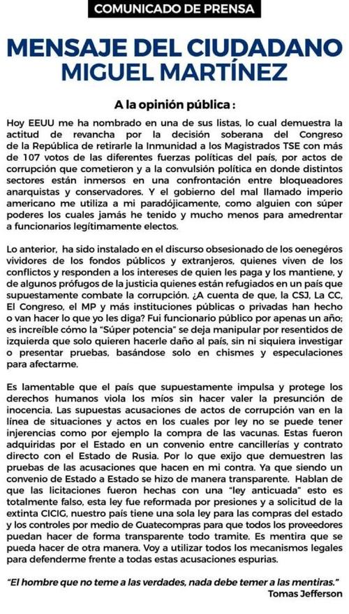 Este fue el comunicado de Migue Martínez tras ser sancionado por EE.UU. (Foto: redes sociales)