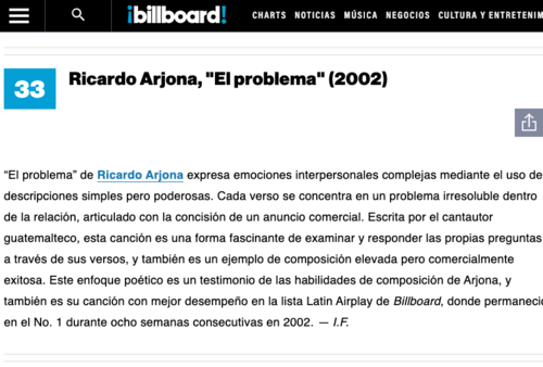 Ricardo Arjona, ranking Billboard, 50 mejores canciones pop español 2000, 2023