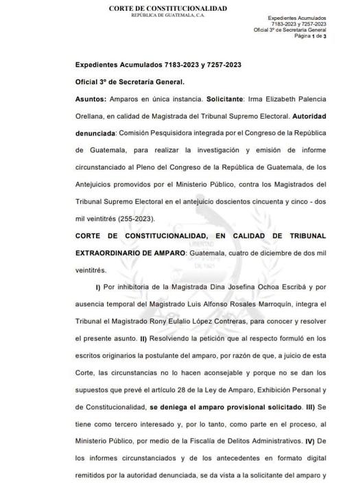 La CC rechazó el amparo solicitado por Irma Palencia. 