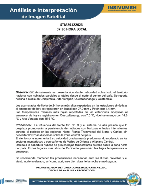 pronóstico del clima, viernes 29 de diciembre, Guatemala, Insivumeh