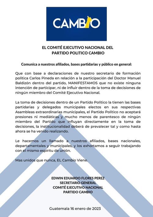 comunicado, jorge baldiz&oacute;n, carlos pineda, manuel baldiz&oacute;n, partido cambio