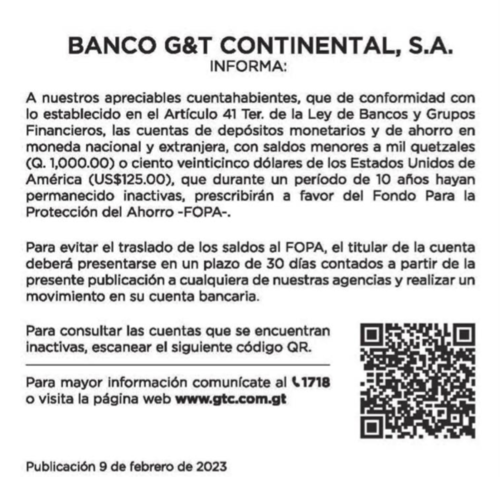 EL banco publicó el anuncio este 9 de febrero 2023 en el Diario de Centro América. (Foto: captura de pantalla)