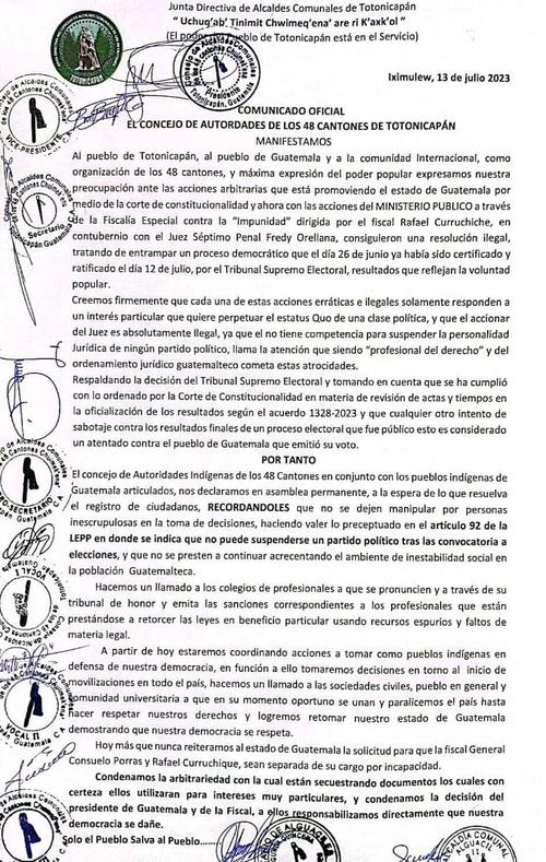 48 cantones, FECI, Semilla, TSE, Curruchiche, Bernardo Arévalo