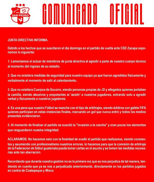 Comunicado del Deportivo San Pedro emitido el 1 de junio.