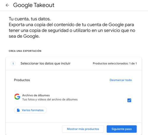 Google Takeout, cierre, archivo de álbumes