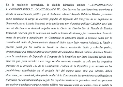 Parte de los argumentos presentados por la defensa de Manuel Baldizón. (Foto: captura de pantalla)