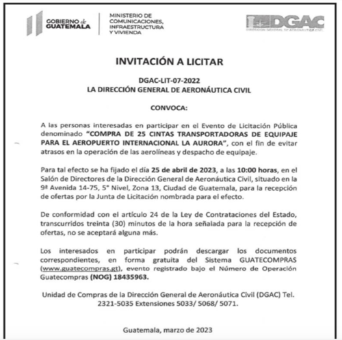 El anunció de la licitación fue publicado en el Diario de Centro América este viernes 17 de marzo. (Foto: captura de pantalla)