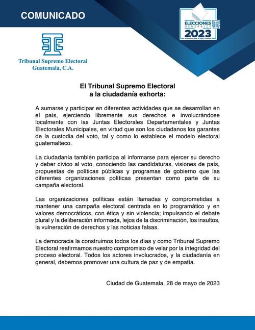 El TSE emiti&oacute; el comunicado este domingo 28 de mayo. (Foto: TSE)